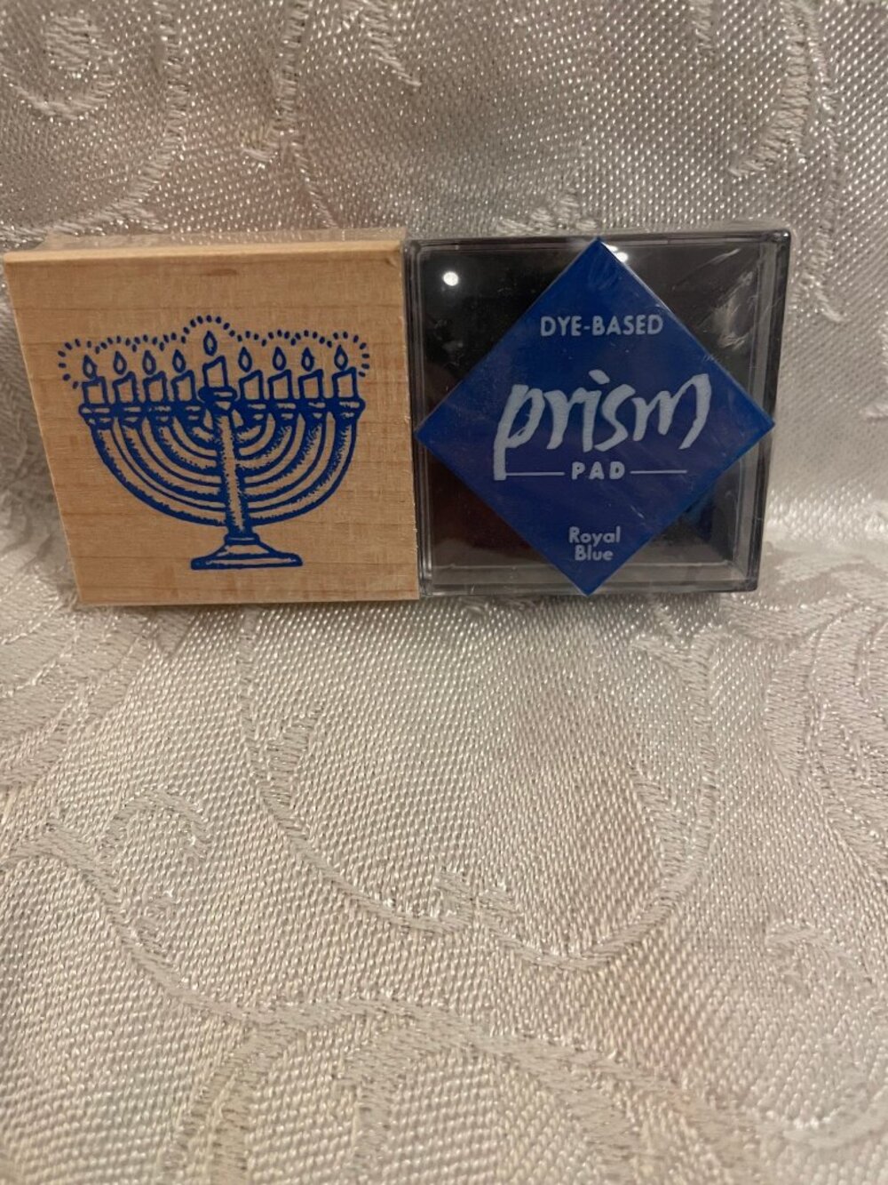 1996 Rubber Stampede Menorah Stamp with Wood Top  Royal Blue Prism Ink Pad Set
